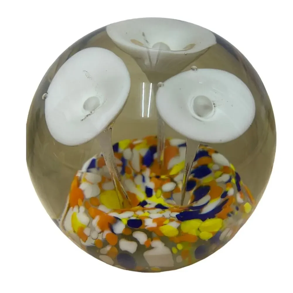Art Glass Paper Weight White Mushrooms in Colorful Rock Bed Good Condition